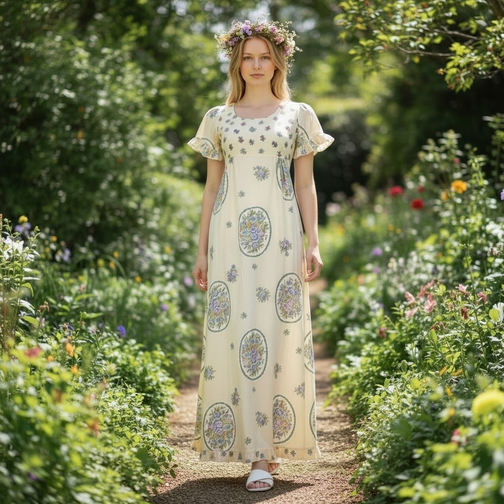 VTG Babydoll Dress Prairie Sz 2 Long Maxi Floral Regency Evening Coquette